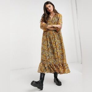 Asos Design Tiered Floral High Neck Maxi Long Sleeve Dress Women's Size 4